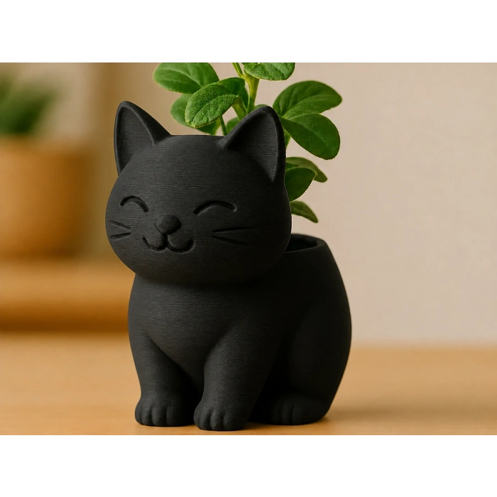 3D Baskı Sevimli Kedi Saksı - Figürlü Sukulent Saksısı-Siyah