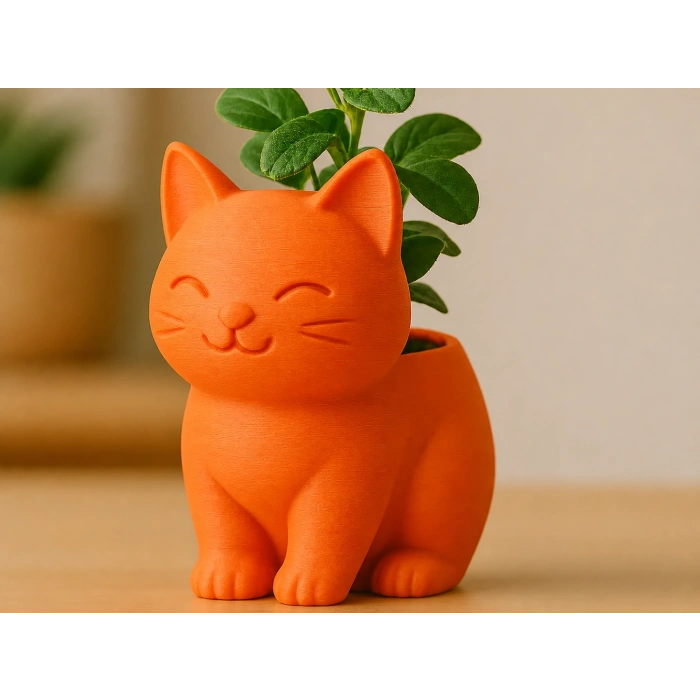 3D Baskı Sevimli Kedi Saksı - Figürlü Sukulent Saksısı-Turuncu