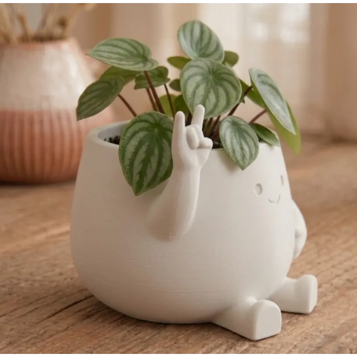 3D Baskı Smiley Face Planter - Gülümseyen Karakterli Saksı-Beyaz