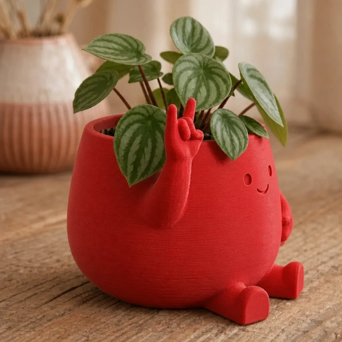 3D Baskı Smiley Face Planter - Gülümseyen Karakterli Saksı-Kırmızı