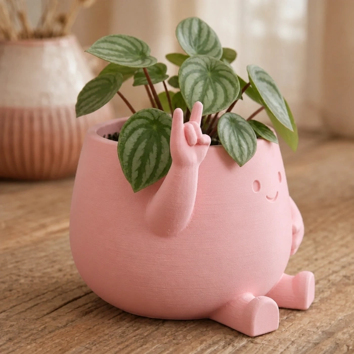 3D Baskı Smiley Face Planter - Gülümseyen Karakterli Saksı-Pembe