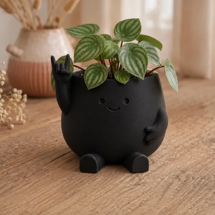 3D Baskı Smiley Face Planter - Gülümseyen Karakterli Saksı-Siyah