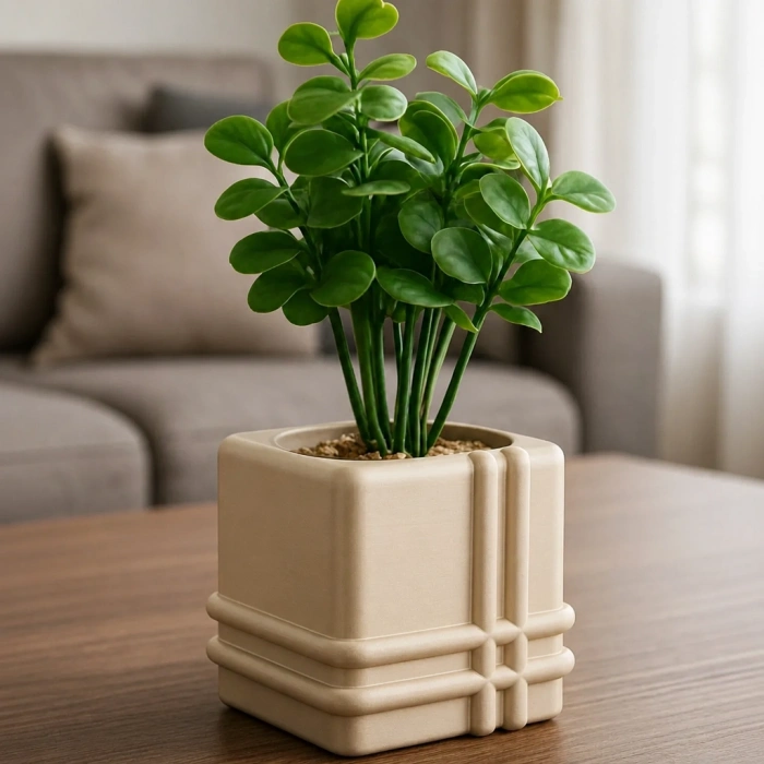 3D Baskı Square Planter - Izgara Desenli Küp Saksı-Bej