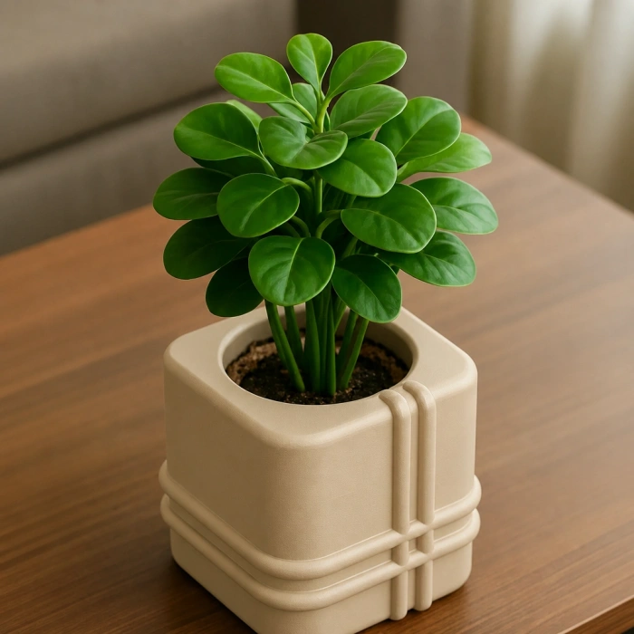 3D Baskı Square Planter - Izgara Desenli Küp Saksı-Bej