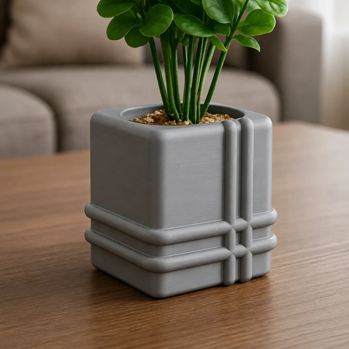 3D Baskı Square Planter - Izgara Desenli Küp Saksı-Gri
