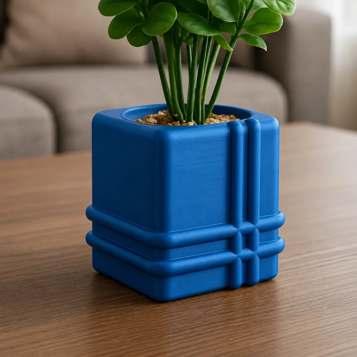 3D Baskı Square Planter - Izgara Desenli Küp Saksı-Mavi