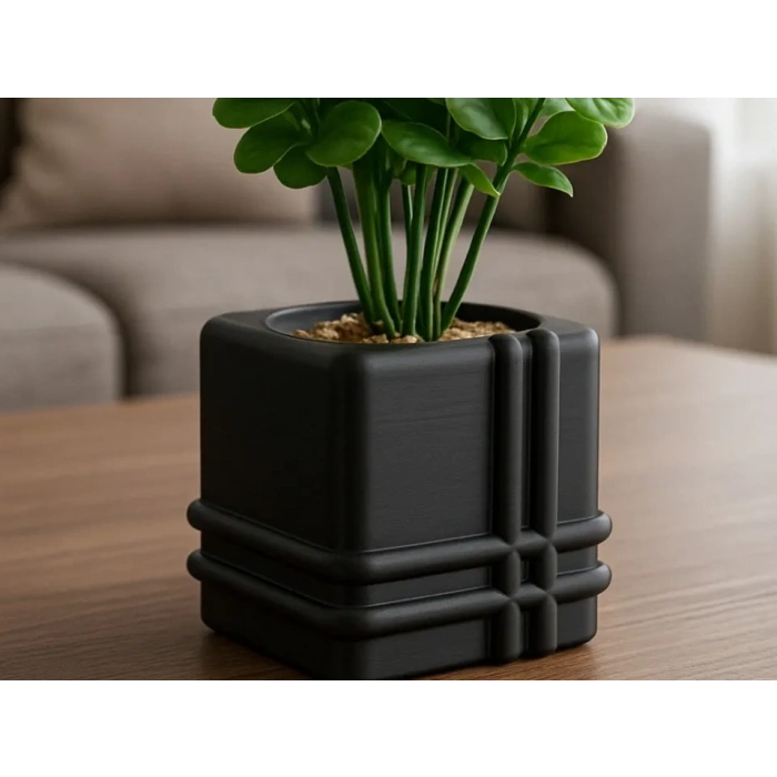 3D Baskı Square Planter - Izgara Desenli Küp Saksı-Siyah