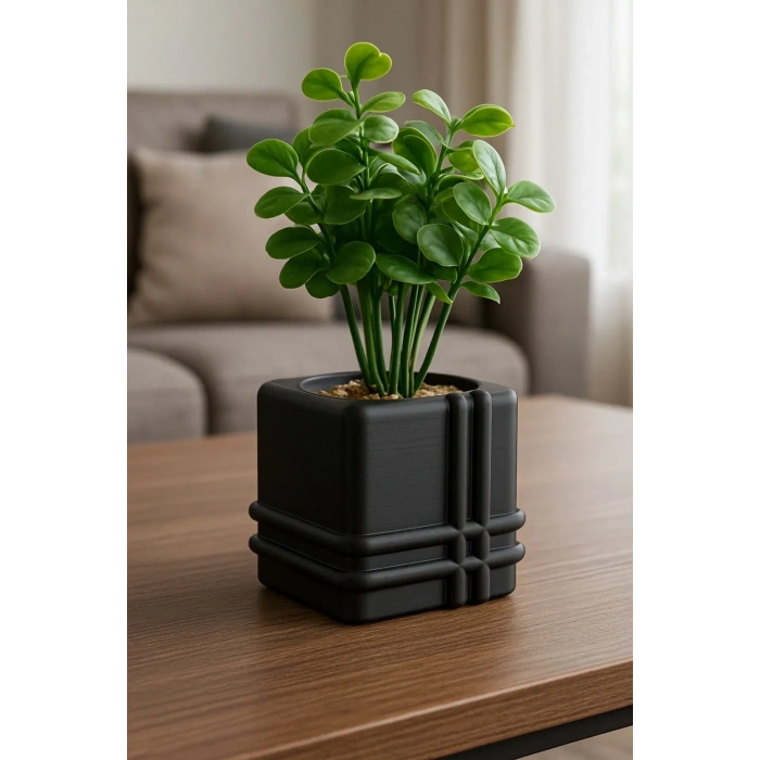 3D Baskı Square Planter - Izgara Desenli Küp Saksı-Siyah