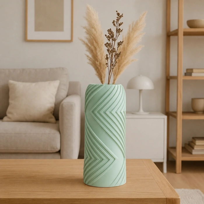 3D Baskı Vector Vazo - Geometrik Çizgili Dekoratif Vazo-Mint