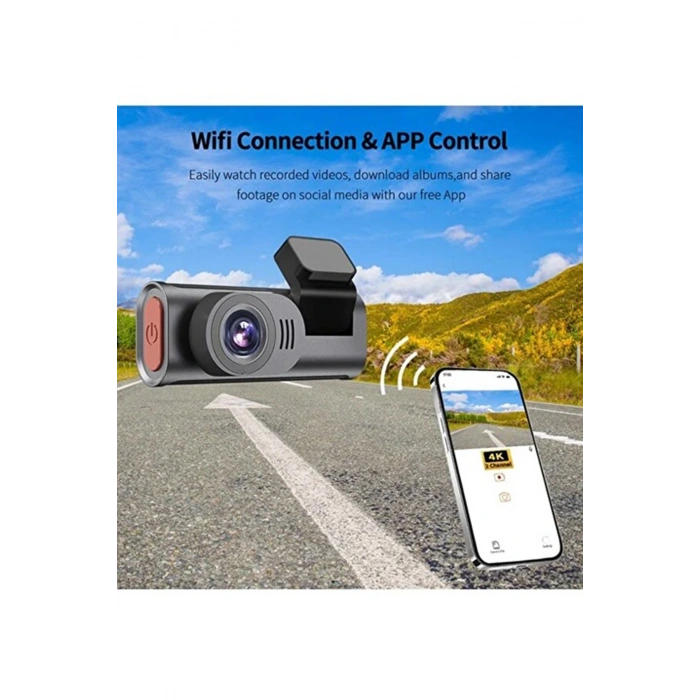 4k Wifi Çift Kameralı Araç Kamerası Gece Görüşlü G-sensörlü Dash Cam 170 Derece