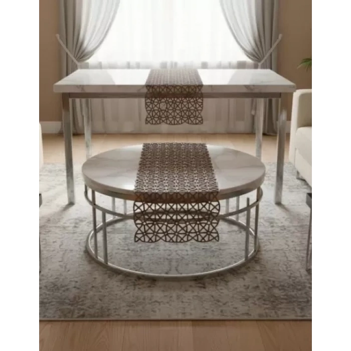 5 Parça Kahverengi Angles Model Dantel Masa Örtüsü Runner Seti Salon Takımı