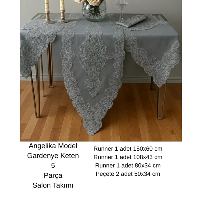 5 Parça Keten Dantelli Angelika Model Simli Gri Salon Takımı Runner Seti
