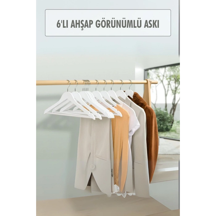 6?lı Ahşap Görünümlü Askı Beyaz 44 cm