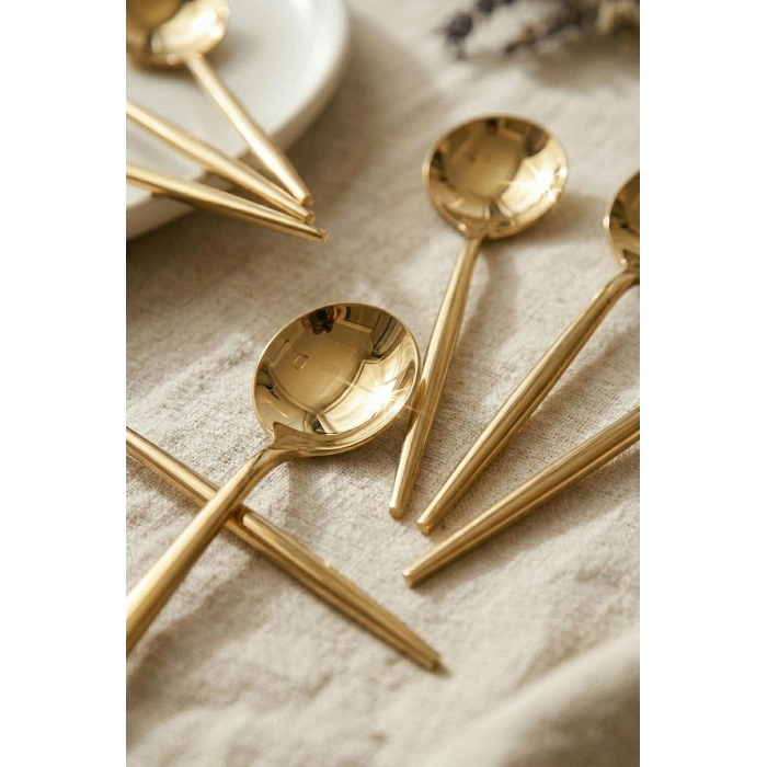 6lı Lüks Gold Paslanmaz Çelik Çay Kaşığı Seti (13 cm)