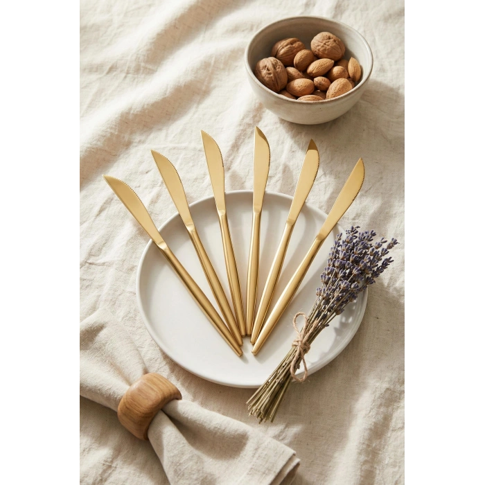 6lı Lüks Gold Paslanmaz Çelik Yemek Bıçağı Seti (21 cm)