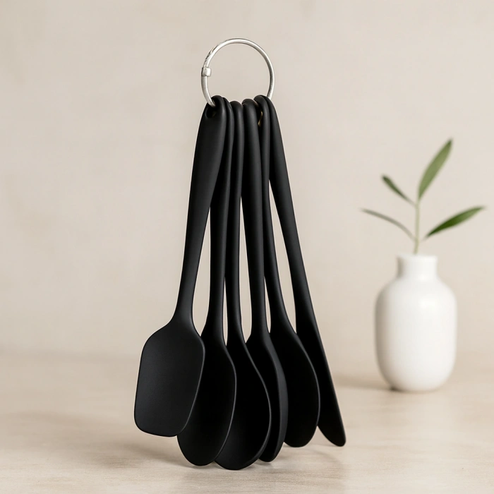 6 Parça Siyah Silikon Mutfak Seti (2 Kaşık, 3 Spatula, Yumurta Fırça)