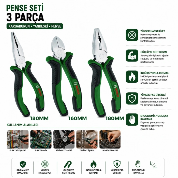 3 Parça Pense Seti - 7 inç Pense, 6 inç Yan Keski, 7 inç Kargaburnu (60± Kesme Sertliği)