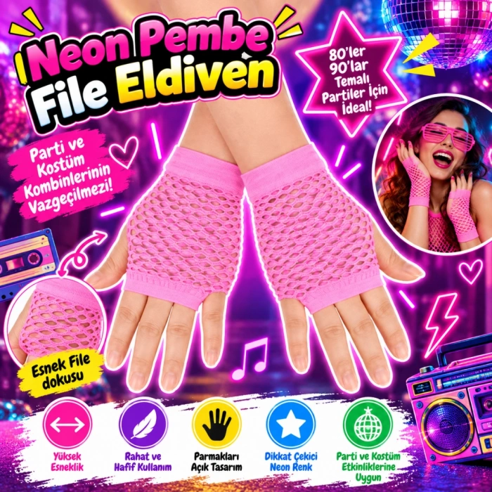 80’ler 90’lar Retro Neon Pembe File Parmaksız Kısa Eldiven 11 cm