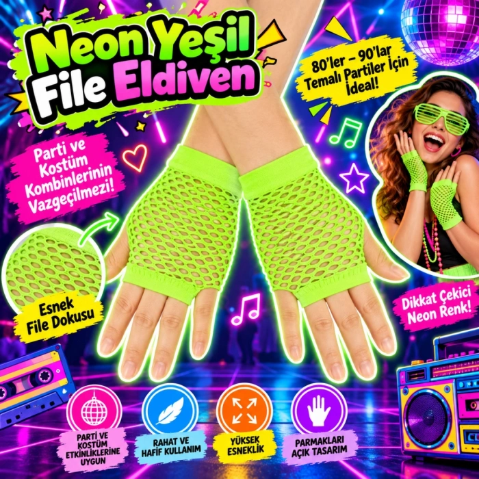 80’ler 90’lar Retro Neon Yeşil File Parmaksız Kısa Eldiven 11 cm