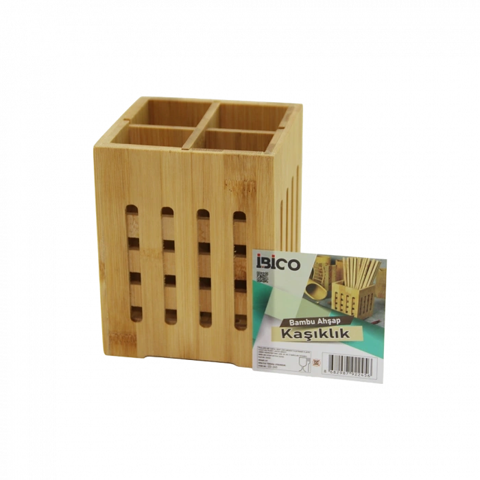 Ahşap Bambu 4 Bölmeli Kaşıklık Organizer (11x11 cm, Pencereli)