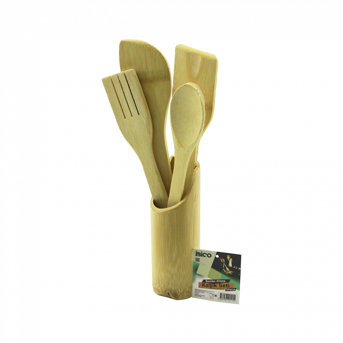 Ahşap Bambu Mutfak Servis Seti 5 Parça (Kaşık, Çatal, 2 Spatula, Stand) 27.5/30 cm