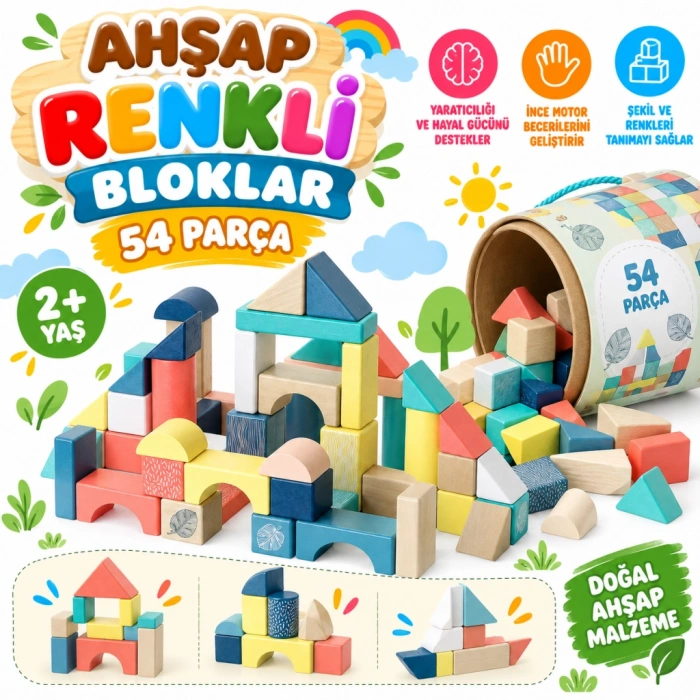 Ahşap Renkli Bloklar 54 Parça