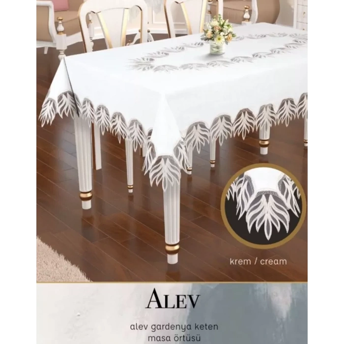 Alev Model Gardenya Keten Krem 160x220 cm Dantelli Premium Tek Masa Örtüsü
