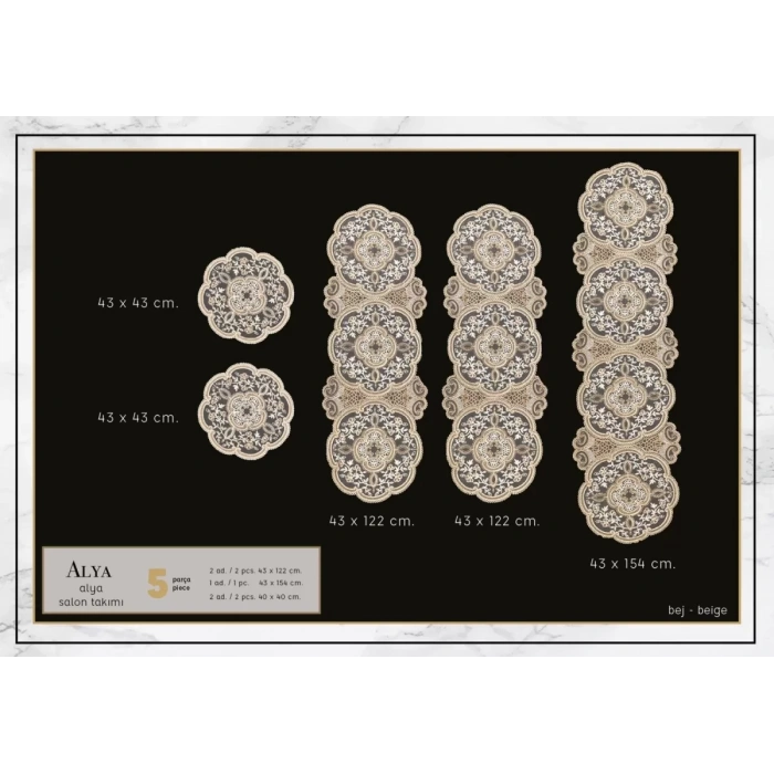 Alya Model Gold 5 Parça Salon Takımı Dantelli Masa Örtüsü Runner Seti