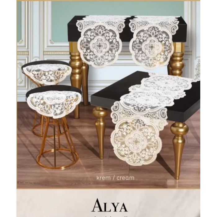 Alya Model Krem 5 Parça Dantelli Salon Takımı Masa Örtüsü Runner Seti