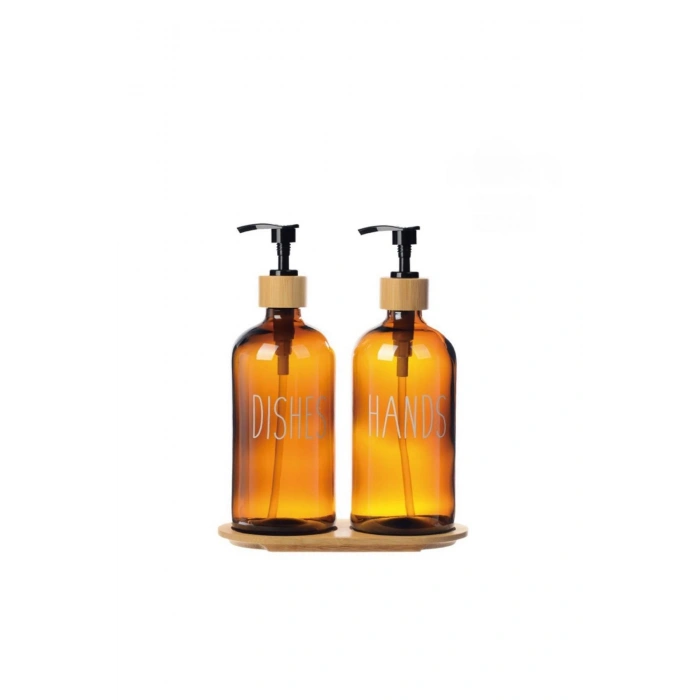 Amber Cam İkili Sıvı Sabunluk Seti 500 ml Bambu Altlıklı