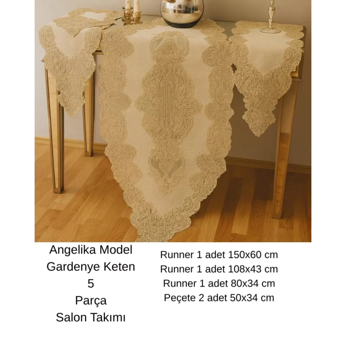 Angelika Model 236 Simli Gold 5 Parça Keten Dantelli Masa Örtüsü Runner Seti - 150x 60 cm