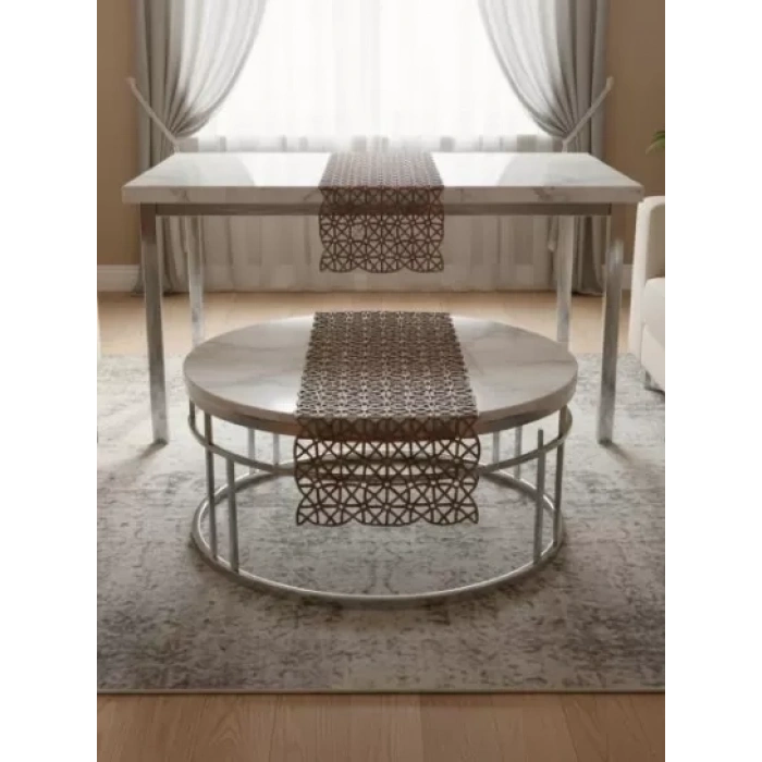 Angles Model Kahverengi 5 Parça Salon Takımı Dantel Masa Örtüsü Runner Seti