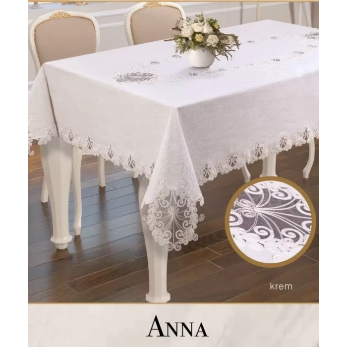 Anna Model Gardenya Keten Krem 160x220 cm Dantelli Şık Tek Masa Örtüsü