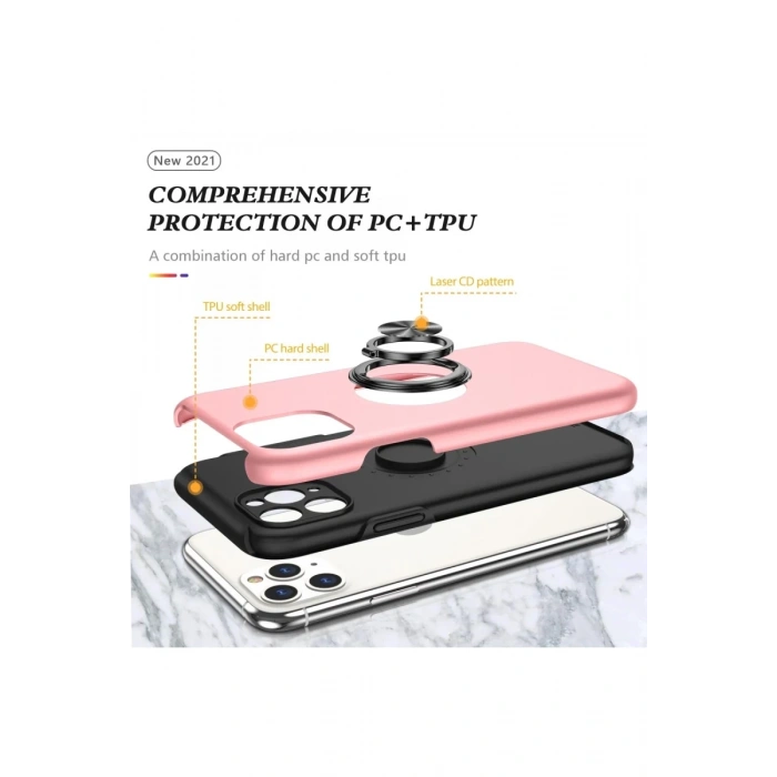 Apple iPhone 11 Pro Max Uyumlu Kılıf Elit Yüzüklü Kapak - Pembe