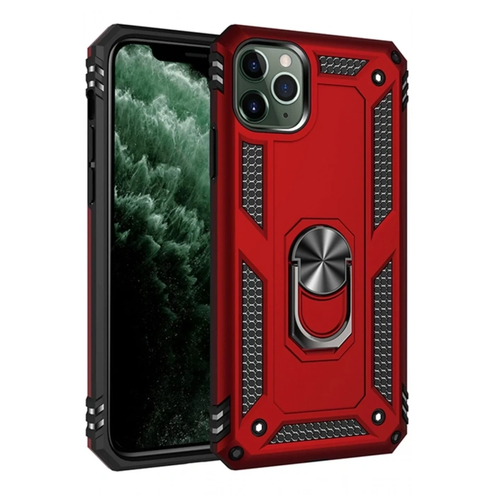 Apple iPhone 11 Pro Max Uyumlu Kılıf Sofya Yüzüklü Silikon Kapak - Kırmızı