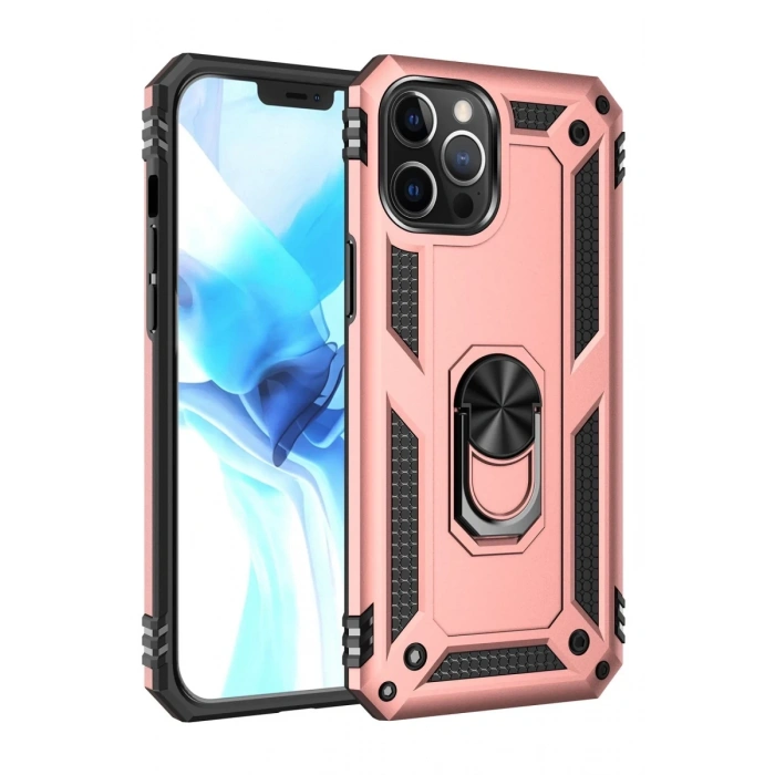 Apple iPhone 12 Pro Max Uyumlu Kılıf Sofya Yüzüklü Silikon Kapak - Rose