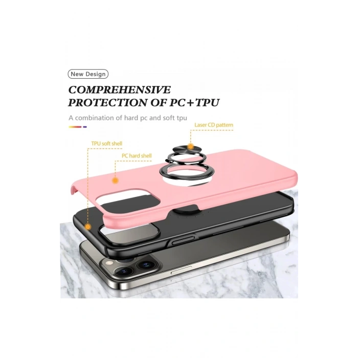 Apple iPhone 13 Pro Max Uyumlu Kılıf Elit Yüzüklü Kapak - Pembe