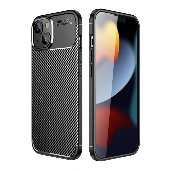 Apple iPhone 14 Plus Uyumlu Kılıf Auto Focus Karbon Kapak - Siyah