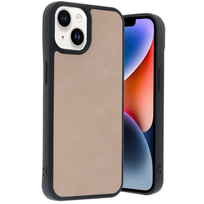 Apple iPhone 14 Uyumlu Kılıf Aras Deri Kapak - Pudra