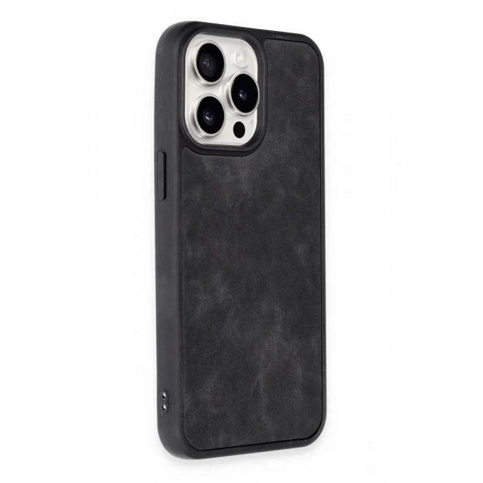 Apple iPhone 15 Pro Max Uyumlu Kılıf Aras Deri Kapak - Siyah