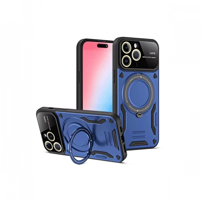 Apple iPhone 15 Pro Uyumlu Joy Lens Standlı Kapak - Lacivert