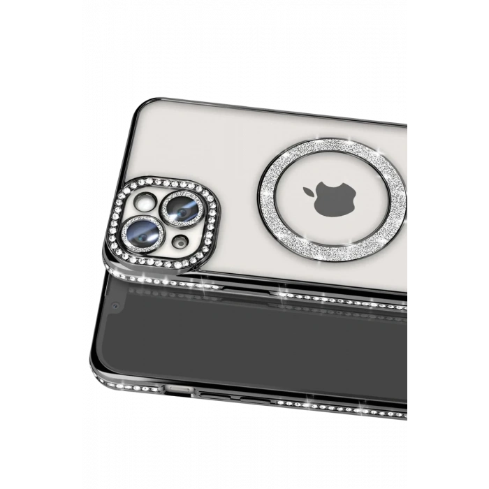 Apple iPhone 15 Uyumlu Kılıf Joke Simli Magneticsafe Kılıf - Siyah