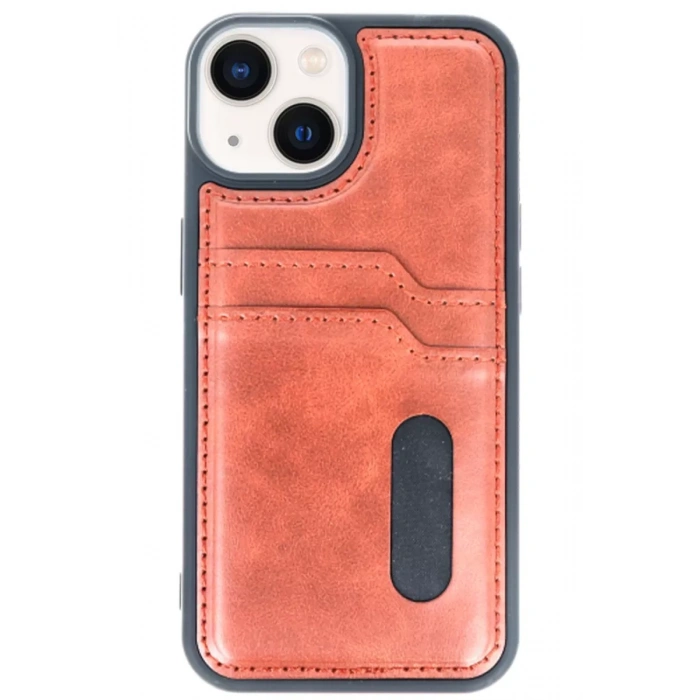 Apple iPhone 15 Uyumlu Sara Kartvizitli Deri Kılıf - Taba