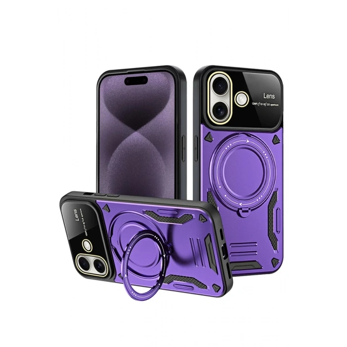 Apple iPhone 16 Kılıf Joy Lens Standlı Kapak - Mor