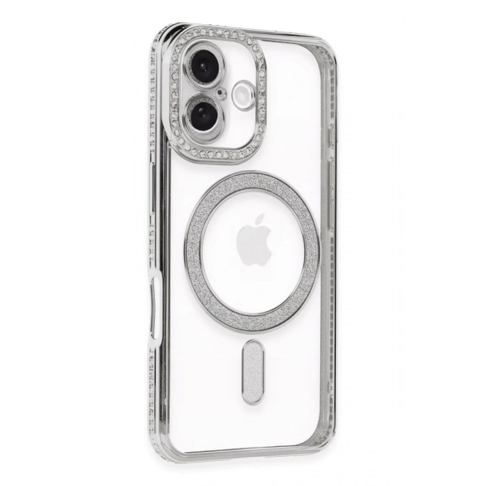 Apple iPhone 16 Plus Uyumlu Kılıf Joke Simli Magneticsafe Kılıf - Gümüş
