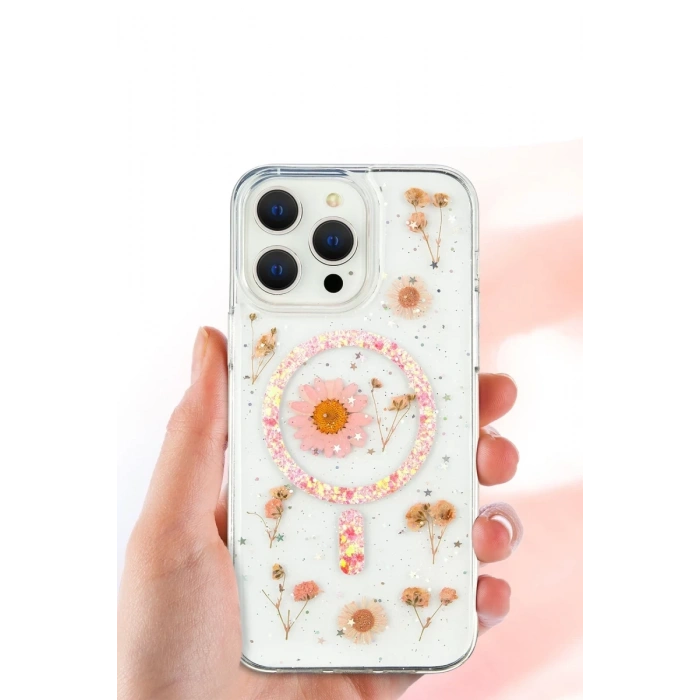 Apple iPhone 16 Pro Max Uyumlu Kılıf Daisy Simli Magsafe Kapak - Pembe