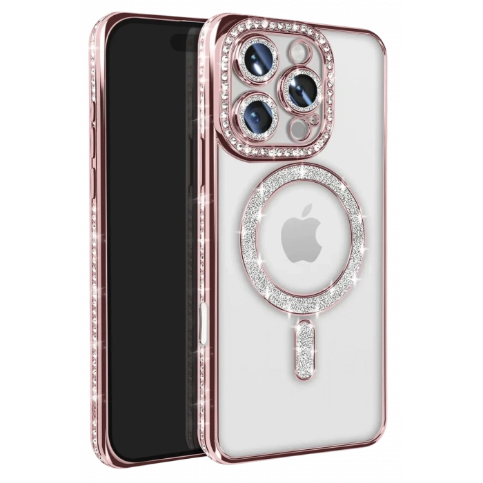 Apple iPhone 16 Pro Max Uyumlu Kılıf Joke Simli Magneticsafe Kılıf - Pembe