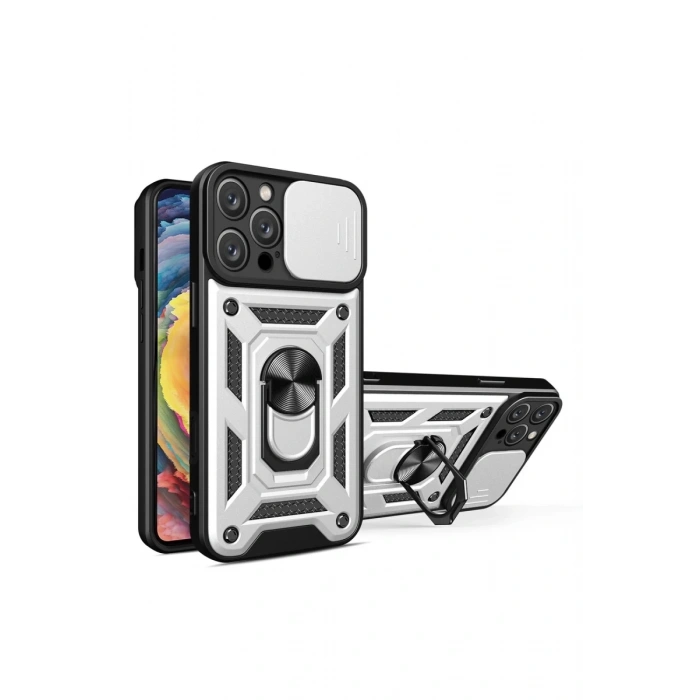 Apple iPhone 16 Pro Uyumlu Kılıf Pars Lens Yüzüklü Silikon - Gümüş