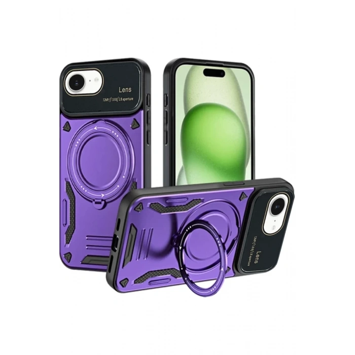 Apple iPhone 16E Uyumlu Kılıf Joy Lens Standlı Kapak - Mor