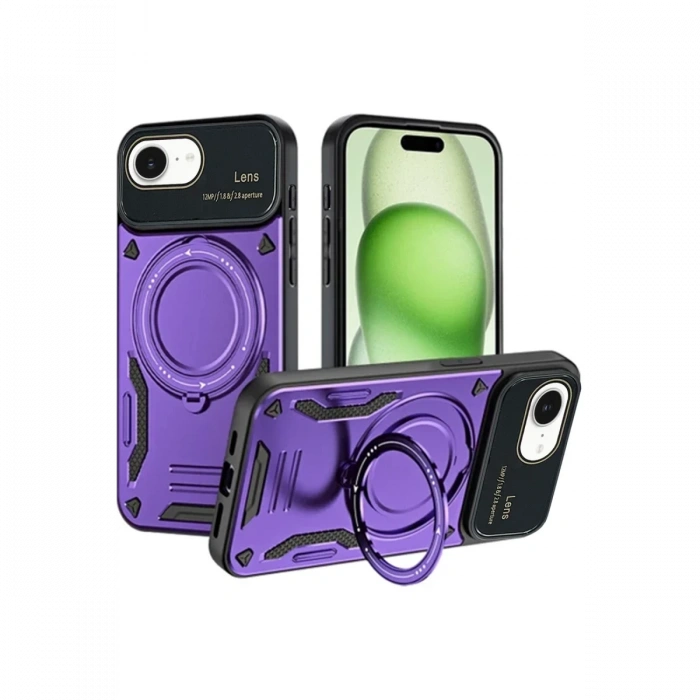 Apple iPhone 16E Uyumlu Kılıf Joy Lens Standlı Kapak - Mor